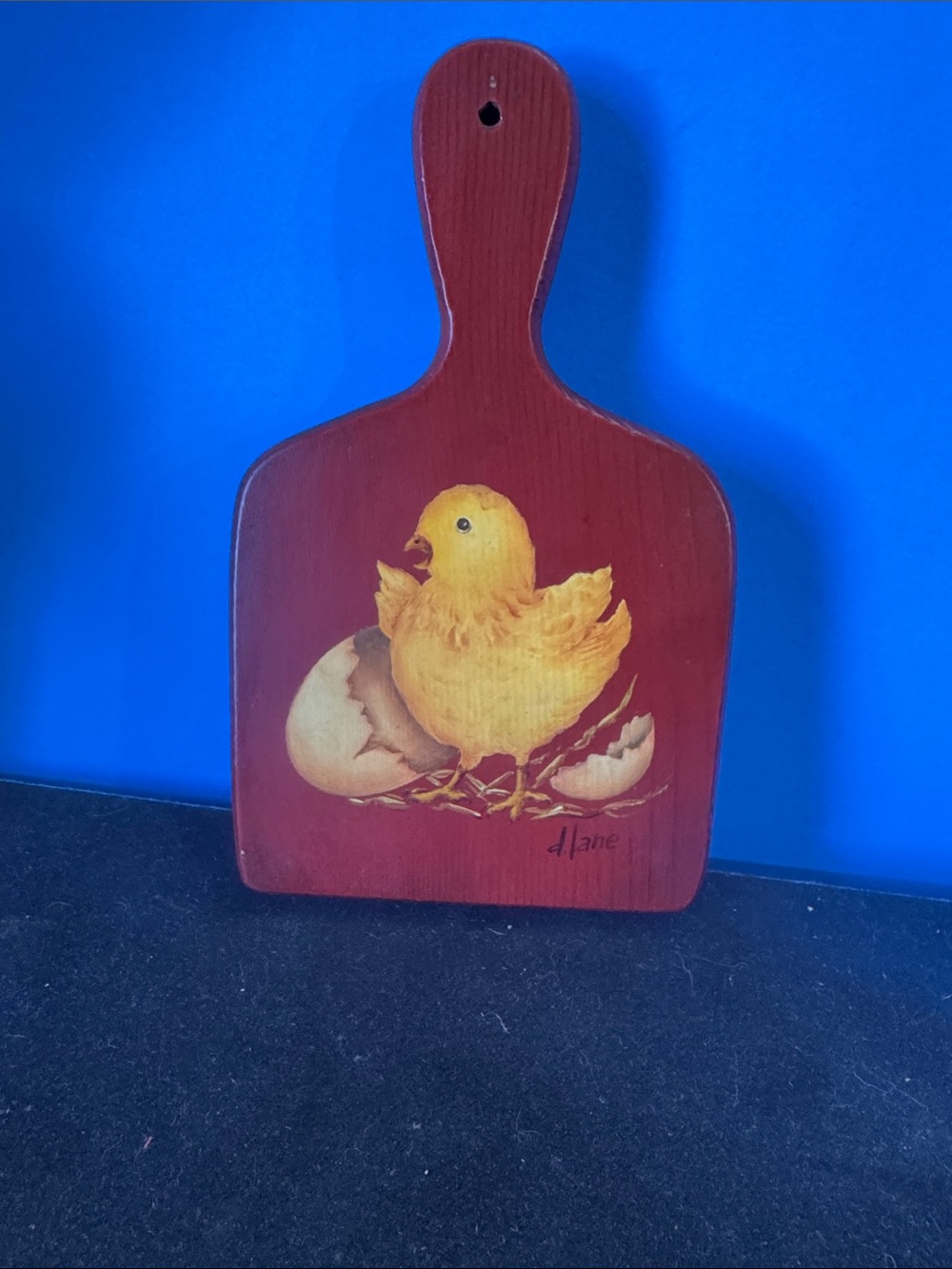 1970’s Vintage Hand-Painted Chick Cutting Board - Red Background, 🐣 baby chick